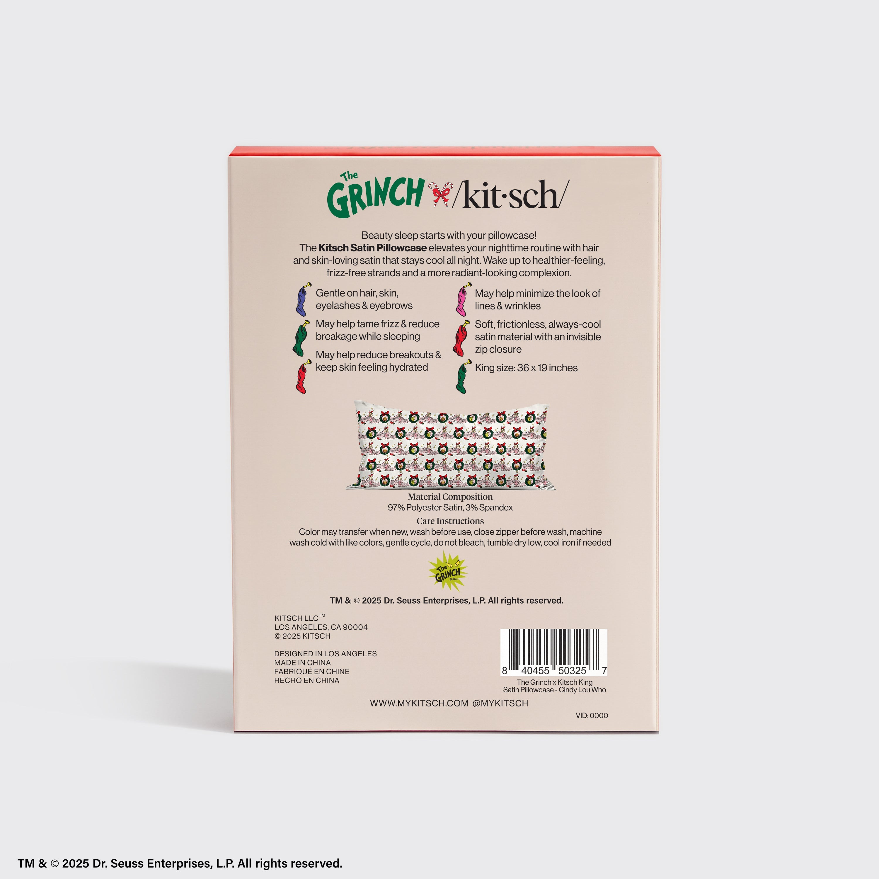 The Grinch x Kitsch Satin Pillowcase in Cindy Lou Who - King