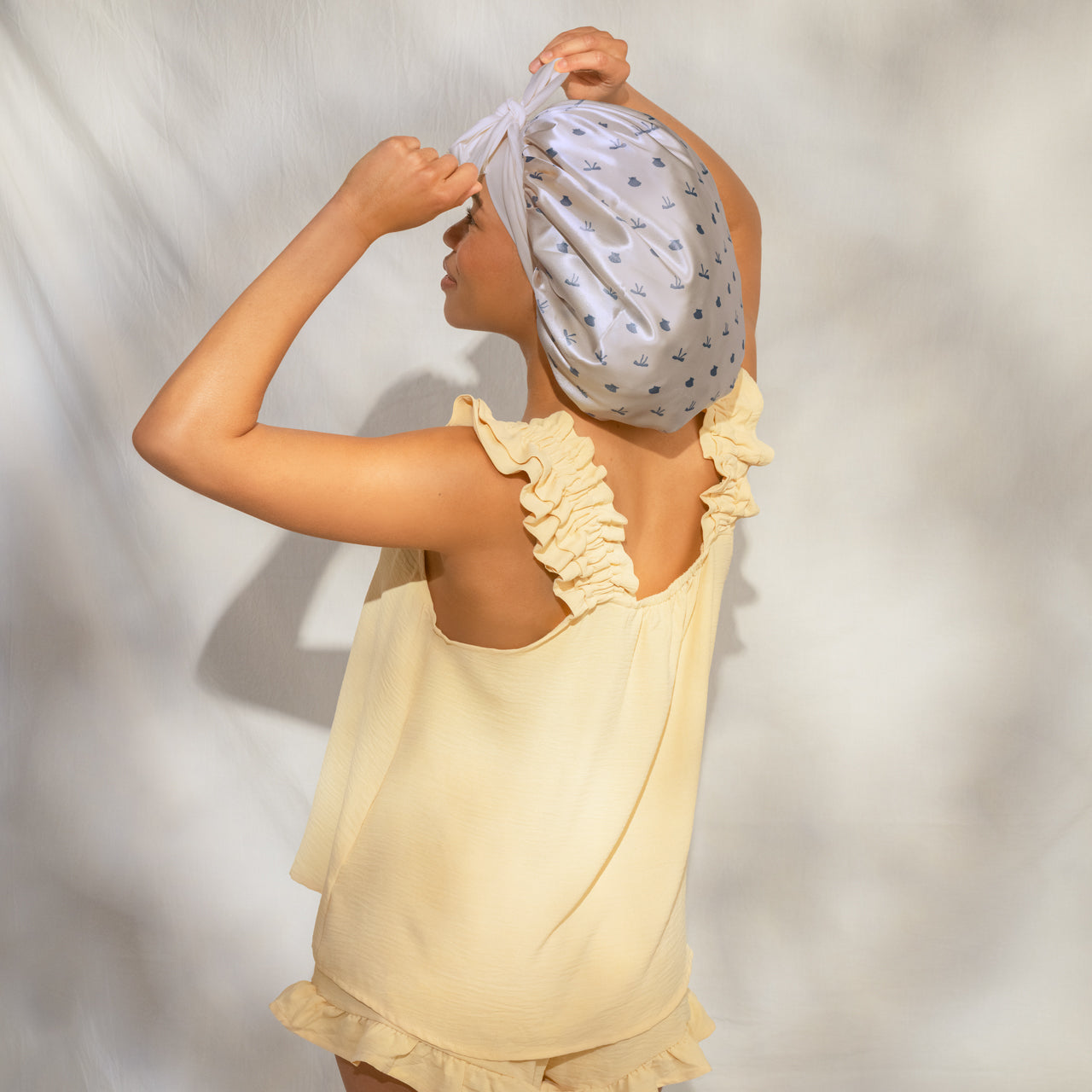 Pearlized Cream & Coastal Blue Print Oversized Satin Bonnet