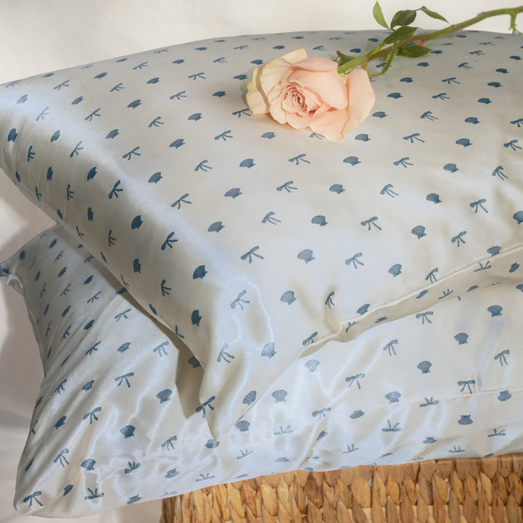 Satin Pillowcase in Pearlized Cream & Coastal Blue Print